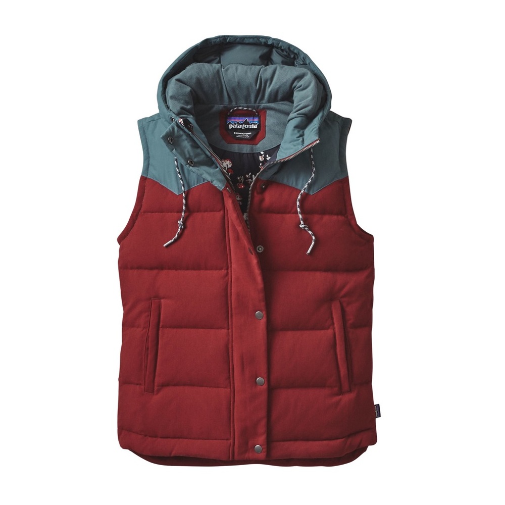 Patagonia Women’s Bivy Vest Down Filled Puffer in Drumfire Red w Mushroom Lining